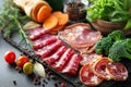 Delectable charcuterie platter with assorted meats and fresh vegetables. Savory gourmet appetizers for delightful feast. Culinary Royalty Free Stock Photo