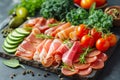 Delectable charcuterie platter with assorted meats and fresh vegetables. Savory gourmet appetizers for delightful feast. Culinary Royalty Free Stock Photo