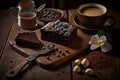 Delectable Chocolate Brownie Paired with Breakfast or Afternoon Coffee Essentials, Presented on a Wooden Table - Homemade Gourmet