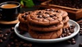 Delectable chocolate chip cookies adorned with chocolate chips, artfully arranged on a plate