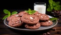 Delectable chocolate chip cookies brimming with chocolate chips, enticingly arranged on a plate