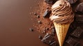 Delectable Chocolate Ice Cream Cone on a Brown Backdrop with Scattered Chocolate Chunks and Powder Royalty Free Stock Photo