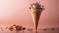 A delectable chocolate ice cream cone with crispy chocolate pieces and caramel squares. Generative AI Royalty Free Stock Photo