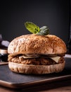 A delectable classic burger in a charming rustic ambiance Royalty Free Stock Photo