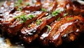 Delectable close up of mouthwatering roasted barbecue pork ribs with perfectly sliced meat