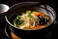 Delectable close-up shot of a steaming bowl of vegetarian ramen filled with mixed vegetables, seaweed, and a soy-based broth