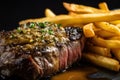 delectable close-up of steak frites, with a juicy and tender medium-rare steak on top of golden and crispy fries