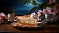 Delectable coconut cream pie with a velvety filling on a charming rustic wooden background