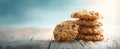The delectable cookies stacked on a rustic wooden table with warm lighting. AI generated image Royalty Free Stock Photo