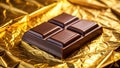 A delectable dark chocolate bar, segmented into squares, rests elegantly on a crumpled gold foil wrapper. Generative AI Royalty Free Stock Photo