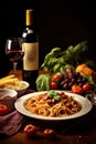 Delectable dinner spread with pasta, wine, and savory delights