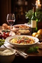 Delectable dinner spread with pasta, wine, and savory delights