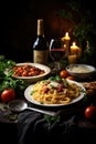 Delectable dinner spread with pasta, wine, and savory delights