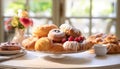 Gourmet Assorted Pastries on Elegant Glass Stand with Fresh Berries and Cream, AI Generated