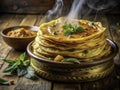 A Delectable Double Exposure of Kerala Paratha: Flaky Flatbread Meets Aromatic Spicy Curry, a Culinary Royalty Free Stock Photo