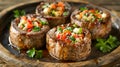 Delectable Filet Mignon Steaks Topped with Fresh Herbs and Colorful Diced Vegetables Presented on Rustic Wooden Cutting Board
