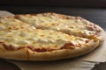 A cheesy and indulgent four-cheese pizza with mozzarella, cheddar, Parmesan, and gouda cheeses. (Generative AI)