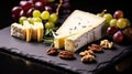 Delectable Fresh Sliced Cheese, Ripe Grapes, Nuts, and Rosemary Sprigs on a Rustic Black Board. Generative AI