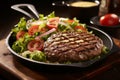 Delectable grilled juicy meat burger patty sizzling and searing to perfection on a hot pan