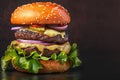 Delectable handmade burger showcased on captivating dark background banner