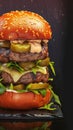 Delectable handmade burger showcased on captivating dark background banner