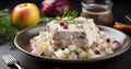 A Delectable Herring Polish Salad Adorned with Onion for a Festive Treat