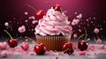 Freshly Baked Cupcake with Pink Frosting and Glistening Red Cherry on Top. Generative Ai.