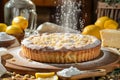 Delectable Homemade Lemon Tart with Powdered Sugar on Rustic Kitchen Table with Ingredients