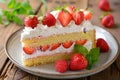 Delectable homemade strawberry sponge cake slice adorned with fresh berries and fluffy whipped cream Royalty Free Stock Photo