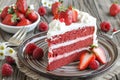 Delectable homemade strawberry sponge cake slice with fresh berries and whipped cream on a plate Royalty Free Stock Photo