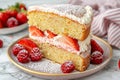 Delectable homemade strawberry sponge cake slice with fresh berries and whipped cream on a plate Royalty Free Stock Photo