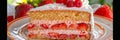 Delectable homemade strawberry sponge cake slice topped with fresh berries and whipped cream Royalty Free Stock Photo