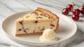 Delectable homemade sweet cherry cake and pie accompanied by a luscious vanilla ice cream scoop