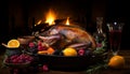 Delectable and juicy roast goose sizzling in a pan, perfect for a mouthwatering feast