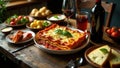 A delectable lasagna, served with roasted vegetables, a side of cured meat, and a glass of red wine, creating a warm and inviting Royalty Free Stock Photo