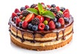 Decadent Chocolate Drip Cake Lavishly Decorated with Assorted Fresh Berries and Mint fruit Royalty Free Stock Photo