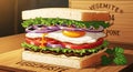 Delectable layered sandwich with fried egg, tomato, lettuce, and onion on toast Royalty Free Stock Photo
