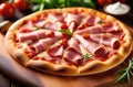 delectable meat pizza with succulent, juicy ham on wooden cutting board. Italian traditional food