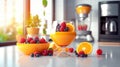 A Delectable Mix of Fruit Juice, Berry Medley, and Fresh Salad, Set Amidst a Modern Kitchen Scene. Generative AI