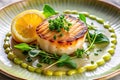 Delectable pan-seared scallop with lemon and herb garnish on an elegant plate. Generative AI Royalty Free Stock Photo