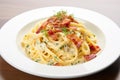 Delectable Pasta carbonara plate. Generate Ai