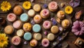 Delectable Pastry Paradise: Flat Lay of Pastries, Cupcakes, and Macarons