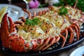 A delectable plate filled with mouthwatering cooked lobsters, ready to be savored and enjoyed during a delightful feast, A grand