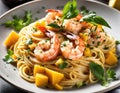 A delectable plate of shrimp scampi pasta,but instead shrimp use diced mangoes Royalty Free Stock Photo