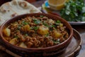 Savory Ground Beef and Potato Curry in Rustic Bowl - Suitable for Restaurant Menus and Cooking Tutorials Royalty Free Stock Photo