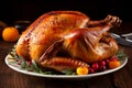 Delectable roasted chicken with crispy golden crust, exquisitely served on elegant dining table