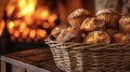 A delectable selection of muffins displayed in a wicker basket next to a roaring fire. The golden brown tops of the