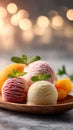 Refreshing Fruit Ice Cream Scoops with Mint and Bokeh Background Royalty Free Stock Photo