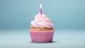 Delectable single birthday cupcake with a lit candle on a charming light pink background Royalty Free Stock Photo