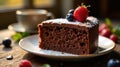 A delectable slice of rich chocolate cake, adorned with fresh berries and a dusting of powdered sugar, rests elegantly on a plate Royalty Free Stock Photo